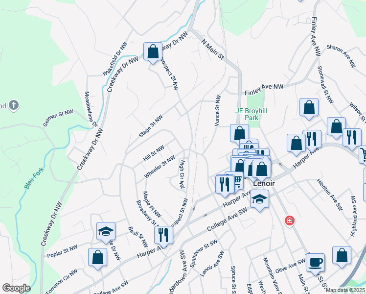map of restaurants, bars, coffee shops, grocery stores, and more near 501 Wheeler Street Northwest in Lenoir