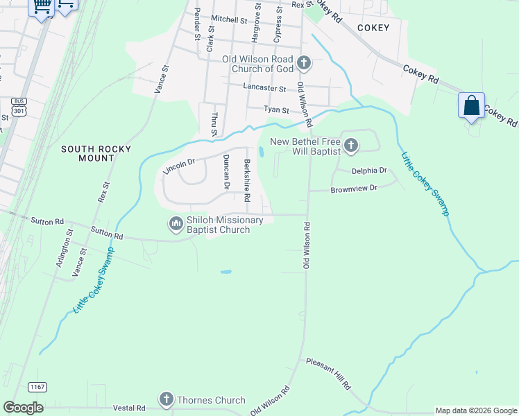 map of restaurants, bars, coffee shops, grocery stores, and more near 905 Sutton Rd in Rocky Mt