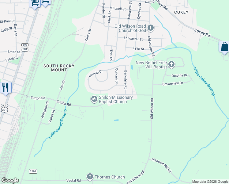 map of restaurants, bars, coffee shops, grocery stores, and more near 831 Sutton Rd in Rocky Mt