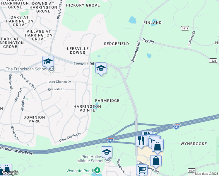 map of restaurants, bars, coffee shops, grocery stores, and more near 10804 Allen Court in Raleigh