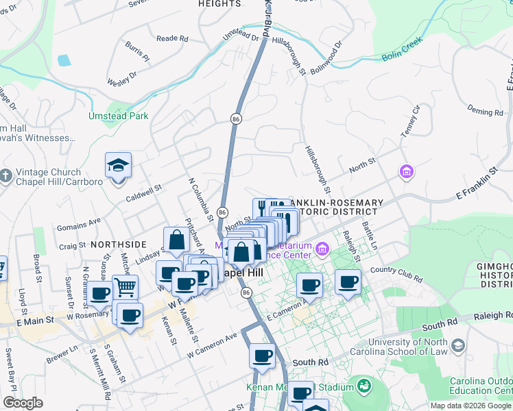 map of restaurants, bars, coffee shops, grocery stores, and more near 132 North Street in Chapel Hill