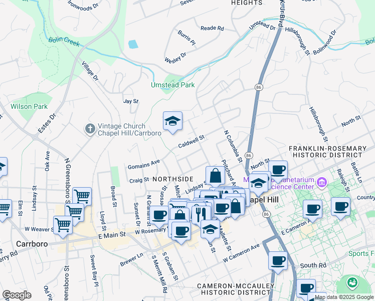 map of restaurants, bars, coffee shops, grocery stores, and more near 315 Brooks Street in Chapel Hill