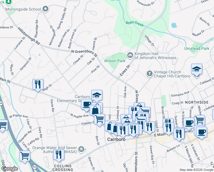 map of restaurants, bars, coffee shops, grocery stores, and more near 109 Todd Street in Carrboro