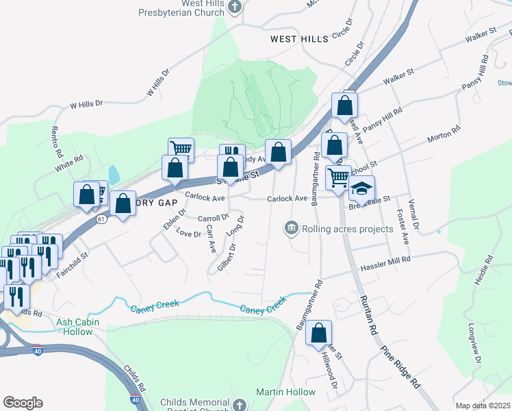 map of restaurants, bars, coffee shops, grocery stores, and more near 115 Long Drive in Harriman