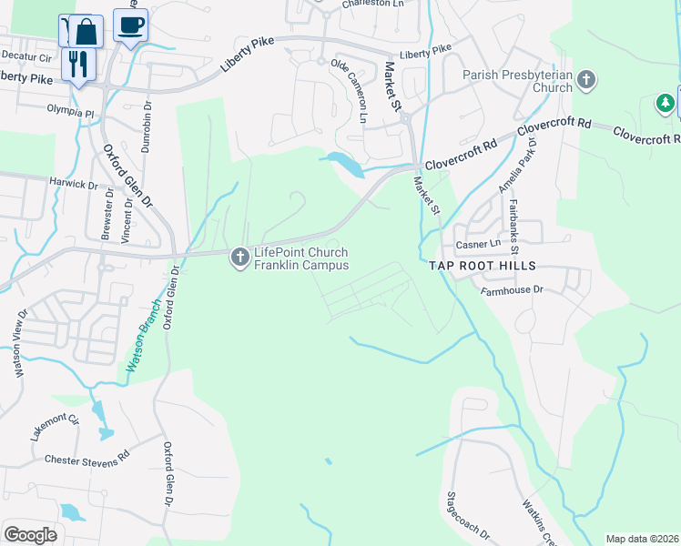 map of restaurants, bars, coffee shops, grocery stores, and more near 4097-4115 Clovercroft Road in Franklin