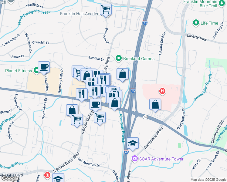 map of restaurants, bars, coffee shops, grocery stores, and more near 109 Holiday Court in Franklin