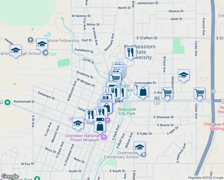 map of restaurants, bars, coffee shops, grocery stores, and more near in Tahlequah