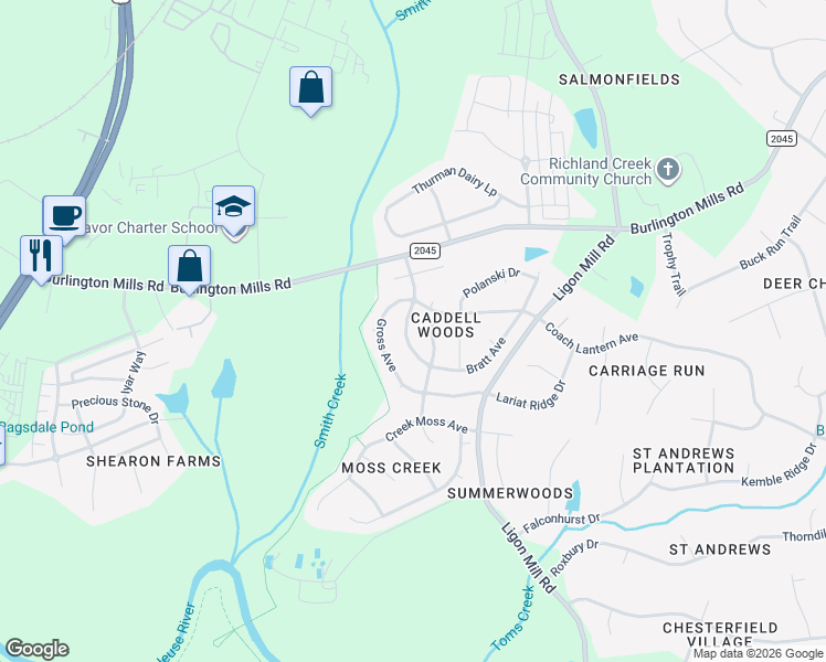map of restaurants, bars, coffee shops, grocery stores, and more near 2814 Gross Avenue in Wake Forest