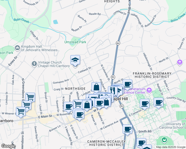 map of restaurants, bars, coffee shops, grocery stores, and more near 501 Church Street in Chapel Hill