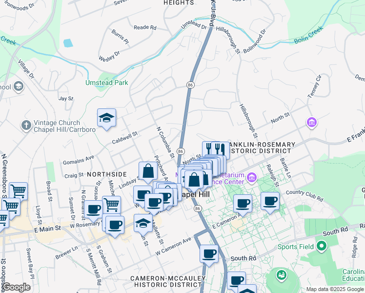 map of restaurants, bars, coffee shops, grocery stores, and more near 920 Carmichael Street in Chapel Hill