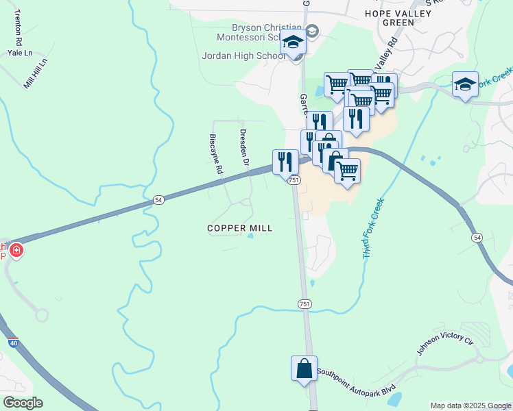 map of restaurants, bars, coffee shops, grocery stores, and more near 5105 Copper Ridge Drive in Durham