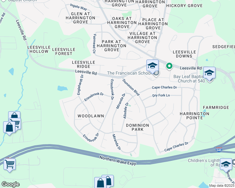 map of restaurants, bars, coffee shops, grocery stores, and more near 9806 Erinsbrook Drive in Raleigh