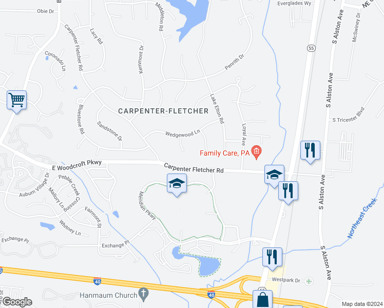 map of restaurants, bars, coffee shops, grocery stores, and more near 5815 Shannas Way in Durham