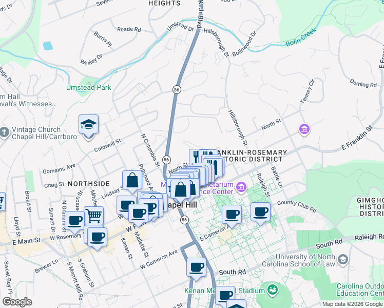 map of restaurants, bars, coffee shops, grocery stores, and more near 132 North Street in Chapel Hill