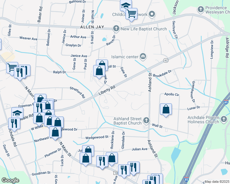 map of restaurants, bars, coffee shops, grocery stores, and more near 202 Oakmont Circle in Archdale