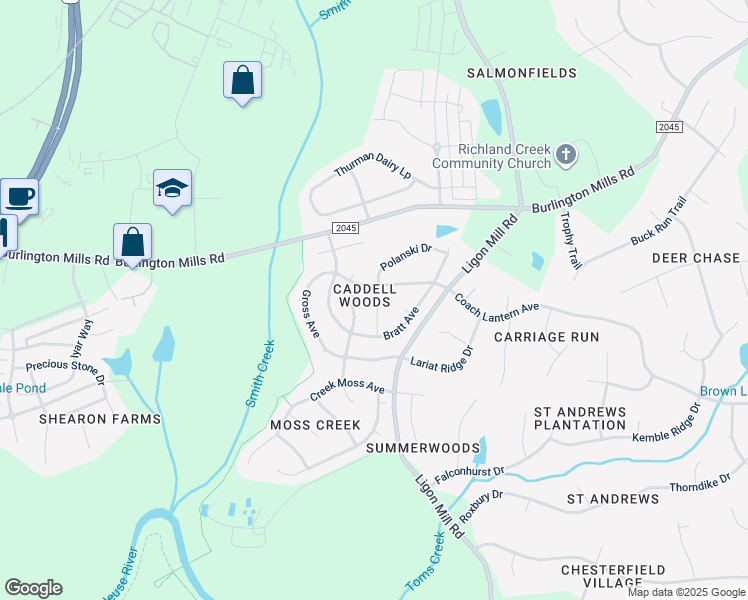 map of restaurants, bars, coffee shops, grocery stores, and more near 8825 Cochran Court in Wake Forest
