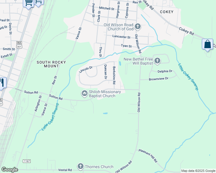 map of restaurants, bars, coffee shops, grocery stores, and more near 831 Sutton Rd in Rocky Mt