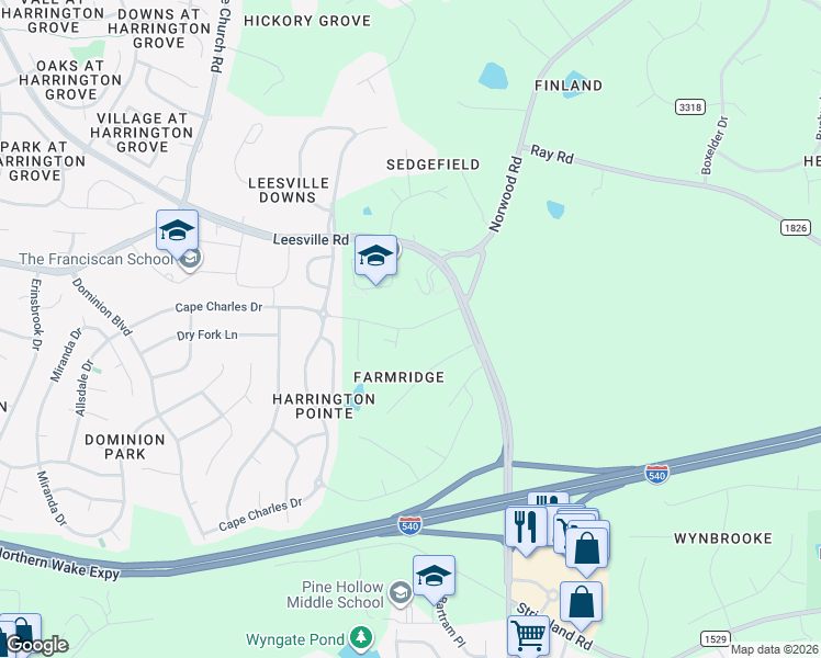 map of restaurants, bars, coffee shops, grocery stores, and more near 10804 Allen Court in Raleigh