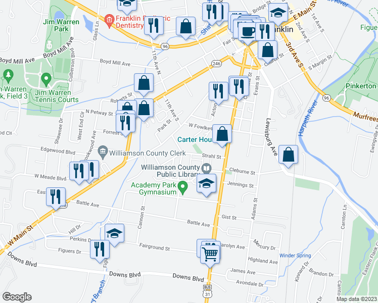 map of restaurants, bars, coffee shops, grocery stores, and more near 166 Strahl Street in Franklin