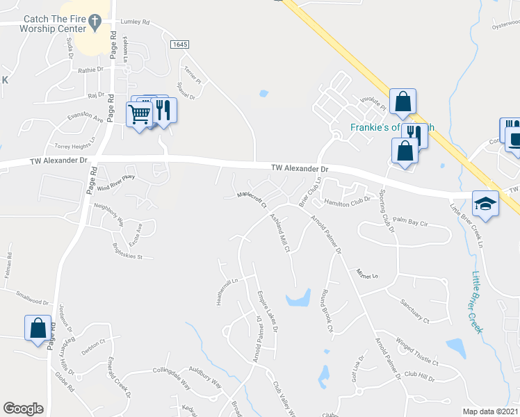 map of restaurants, bars, coffee shops, grocery stores, and more near 11017 Maplecroft Court in Raleigh