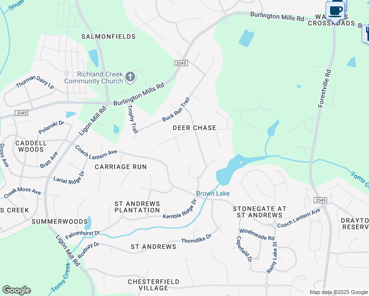 map of restaurants, bars, coffee shops, grocery stores, and more near 5008 Prancer Court in Wake Forest