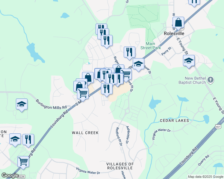 map of restaurants, bars, coffee shops, grocery stores, and more near 411 South Main Street in Rolesville
