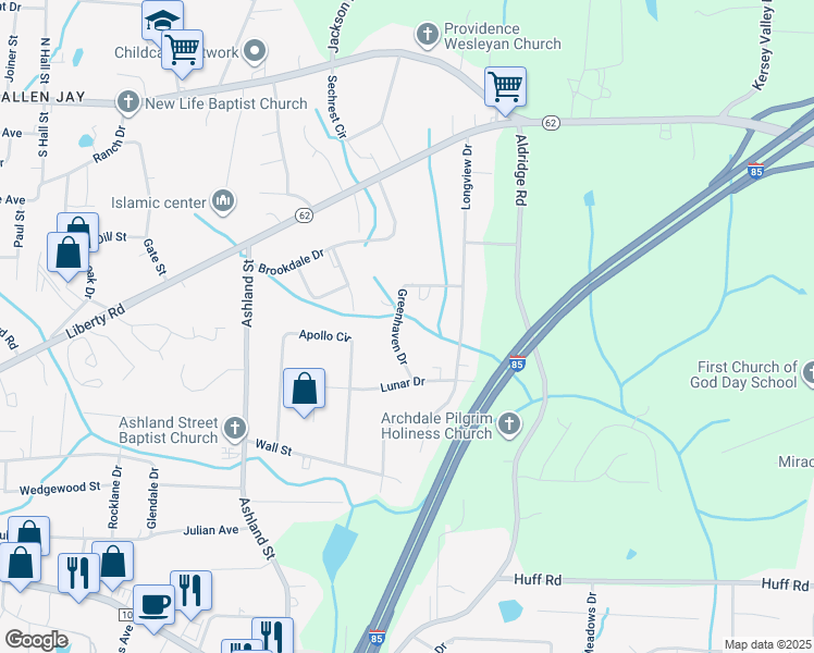 map of restaurants, bars, coffee shops, grocery stores, and more near 139 Greenhaven Drive in Archdale