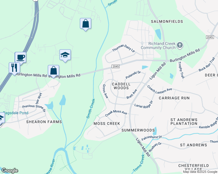 map of restaurants, bars, coffee shops, grocery stores, and more near 8314 Bratt Avenue in Wake Forest