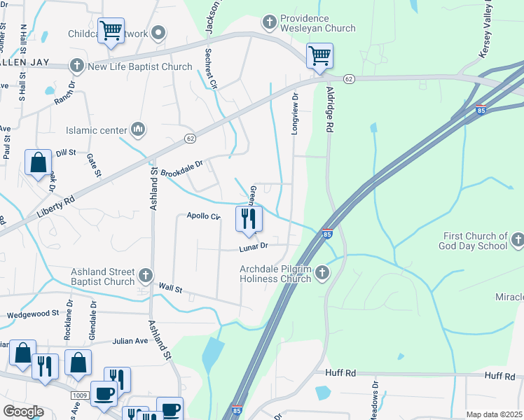 map of restaurants, bars, coffee shops, grocery stores, and more near 139 Greenhaven Drive in Archdale
