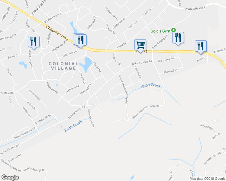 map of restaurants, bars, coffee shops, grocery stores, and more near 216 Mount David Drive in Knoxville