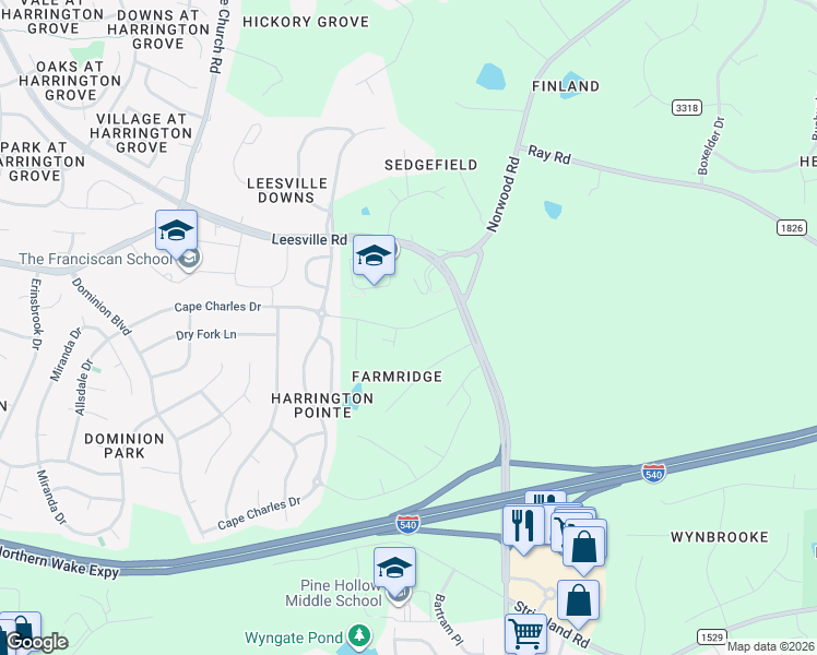 map of restaurants, bars, coffee shops, grocery stores, and more near 10804 Allen Court in Raleigh