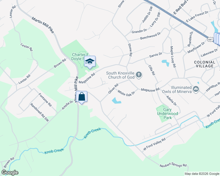 map of restaurants, bars, coffee shops, grocery stores, and more near 808 Oliver Road in Knoxville