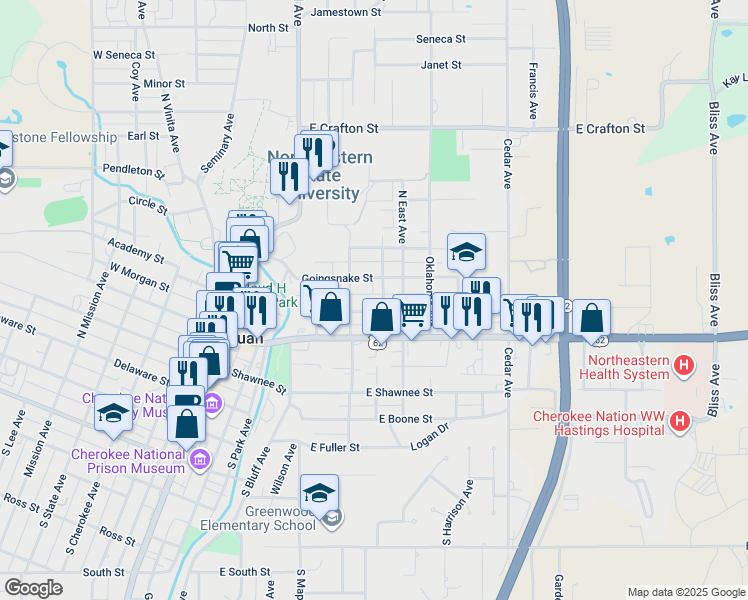 map of restaurants, bars, coffee shops, grocery stores, and more near 307 North Ash Avenue in Tahlequah