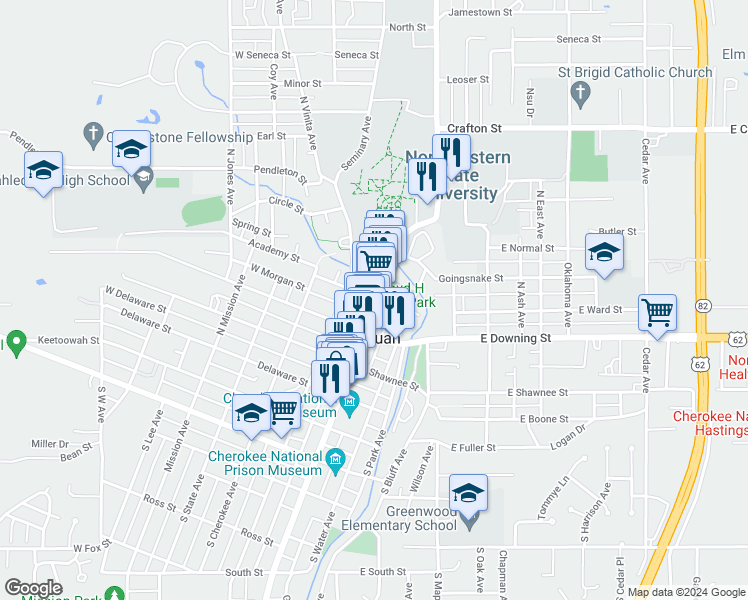 map of restaurants, bars, coffee shops, grocery stores, and more near in Tahlequah