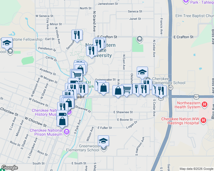 map of restaurants, bars, coffee shops, grocery stores, and more near 318 East Ward Street in Tahlequah