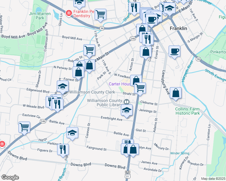 map of restaurants, bars, coffee shops, grocery stores, and more near 1227 Carter Street in Franklin
