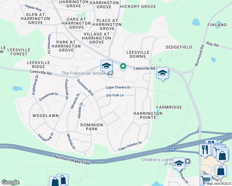 map of restaurants, bars, coffee shops, grocery stores, and more near 6336 Dry Fork Lane in Raleigh