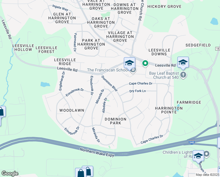 map of restaurants, bars, coffee shops, grocery stores, and more near 9709 Miranda Drive in Raleigh