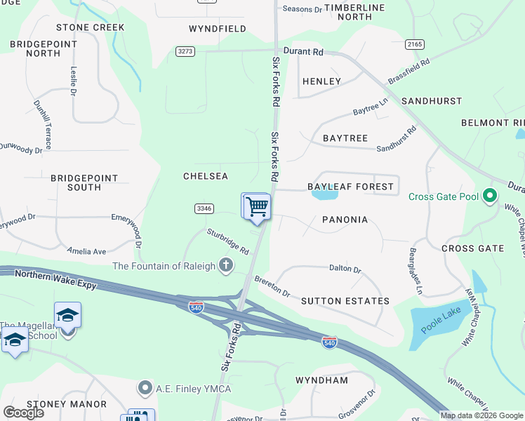 map of restaurants, bars, coffee shops, grocery stores, and more near 10017 Six Forks Road in Raleigh