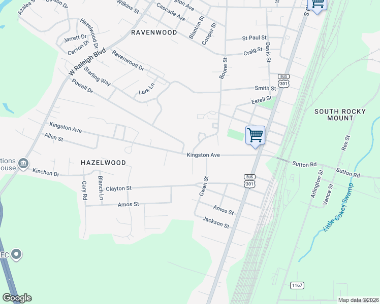 map of restaurants, bars, coffee shops, grocery stores, and more near 516 Powell Drive in Rocky Mount