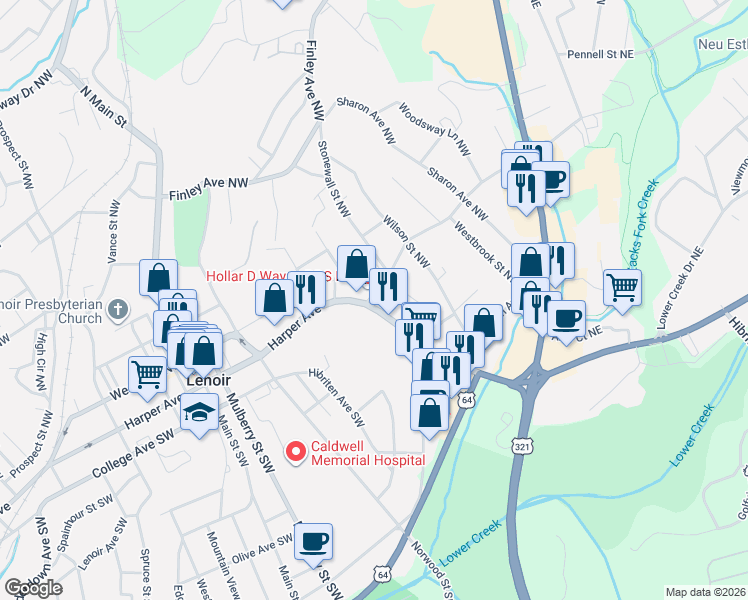 map of restaurants, bars, coffee shops, grocery stores, and more near 412 Harper Avenue in Lenoir