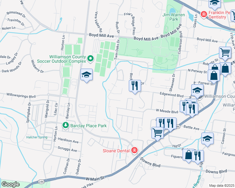 map of restaurants, bars, coffee shops, grocery stores, and more near 1907 Redbud Court in Franklin