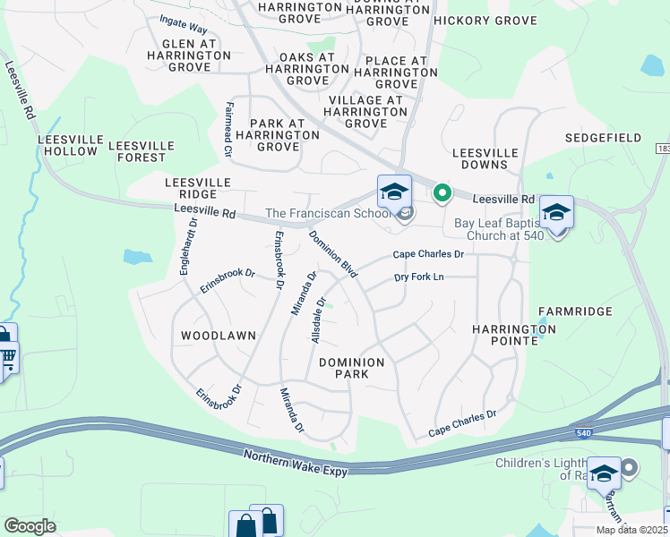 map of restaurants, bars, coffee shops, grocery stores, and more near 9709 Miranda Drive in Raleigh