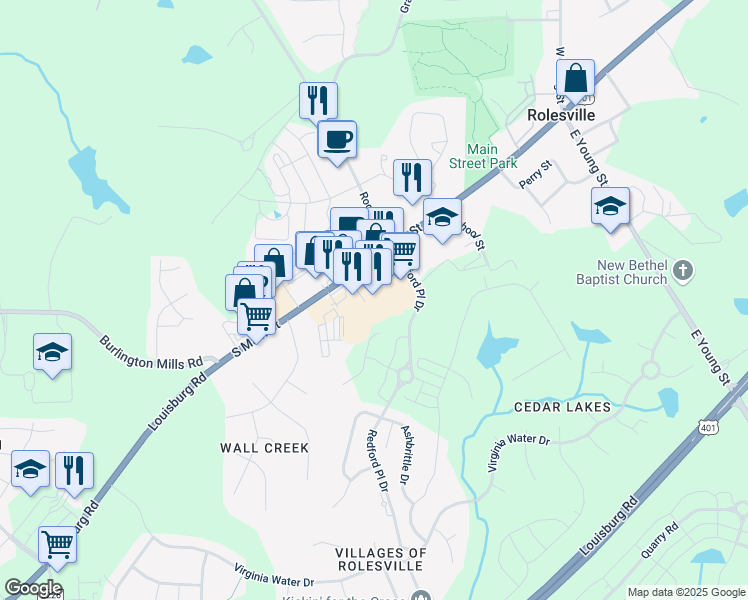 map of restaurants, bars, coffee shops, grocery stores, and more near 405 South Main Street in Rolesville