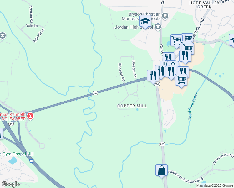 map of restaurants, bars, coffee shops, grocery stores, and more near 2 Mandy Court in Durham
