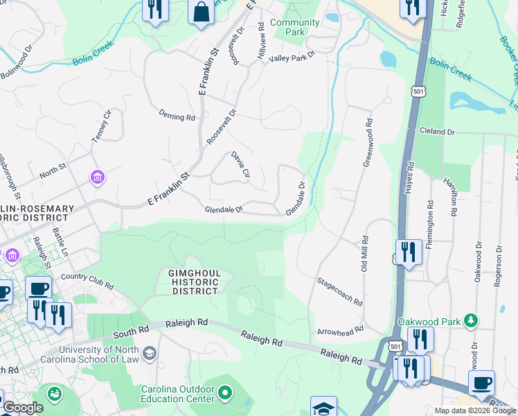 map of restaurants, bars, coffee shops, grocery stores, and more near 206 Davie Lane in Chapel Hill