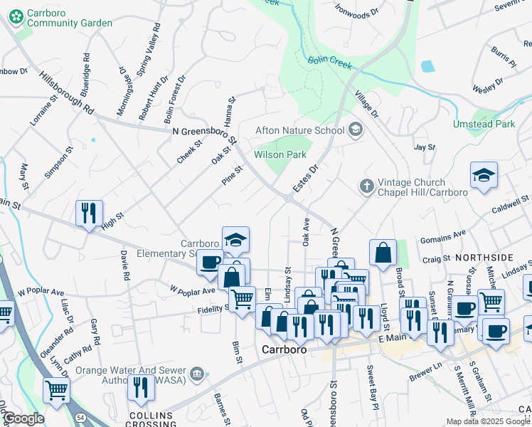 map of restaurants, bars, coffee shops, grocery stores, and more near 901 North Greensboro Street in Carrboro