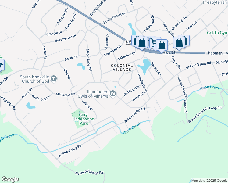 map of restaurants, bars, coffee shops, grocery stores, and more near 6020 Magazine Road in Knoxville