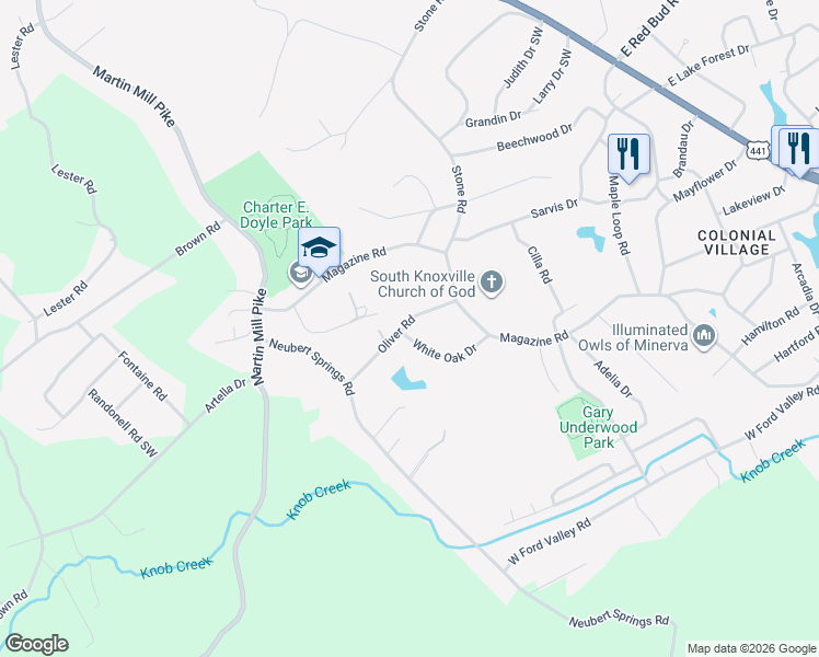 map of restaurants, bars, coffee shops, grocery stores, and more near 713 Oliver Road in Knoxville
