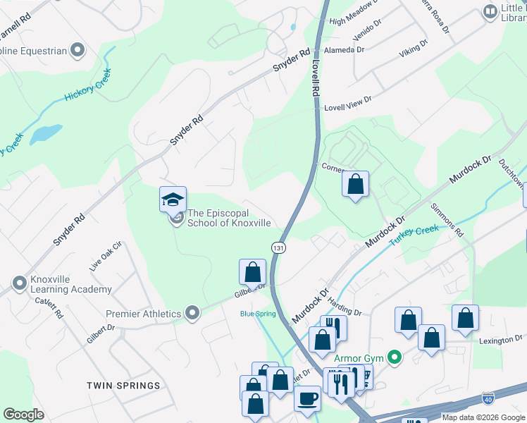 map of restaurants, bars, coffee shops, grocery stores, and more near 11042 Terrapin Station Lane in Knoxville